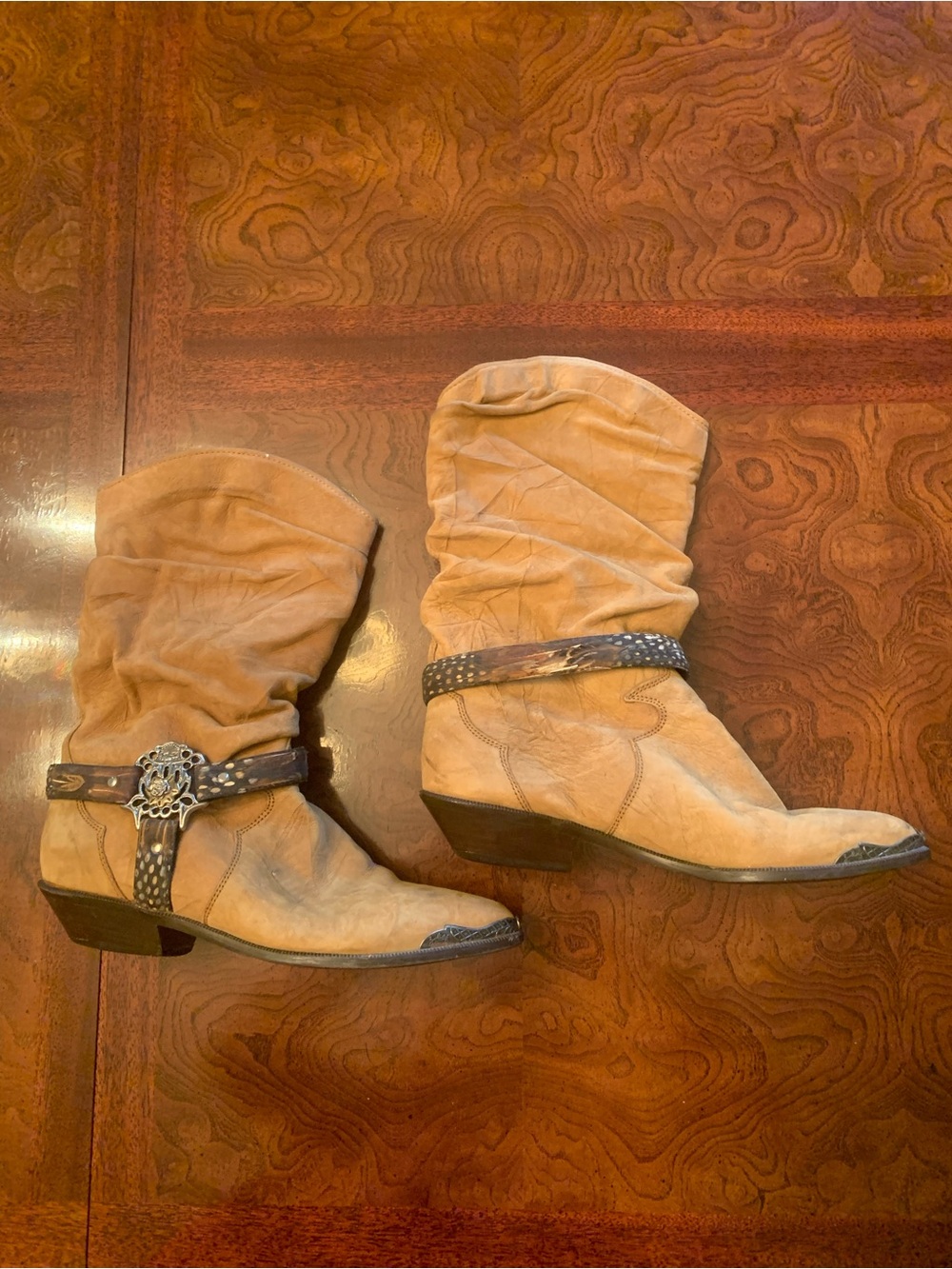 Brown/Tan Western Slouch Boot with Decorative Strap